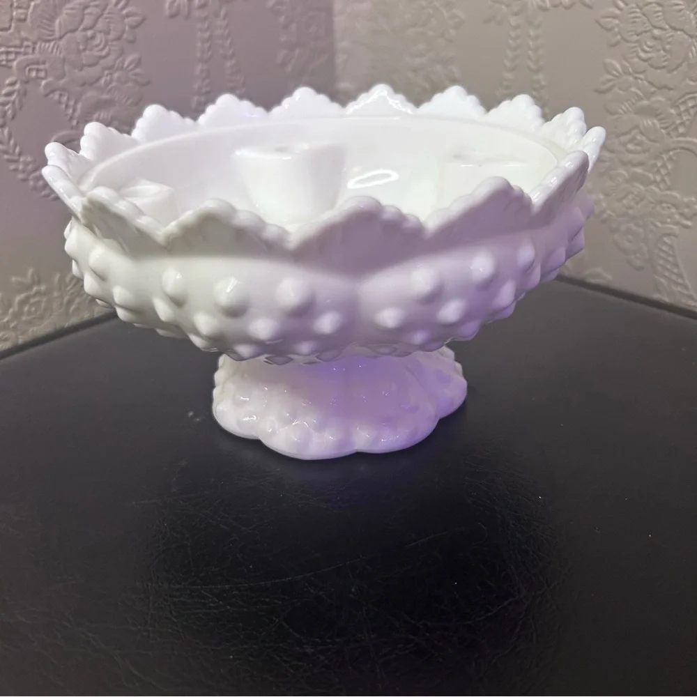 Vintage Fenton Footed HOBNAIL WHITE MILK GLASS 6 Candle Holder Bowl Centerpiece
